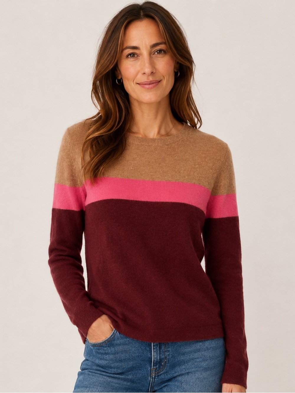 Lands End 100% Cashmere Colorblock Sweater Burgundy Pink Camel Women’s M 10-12